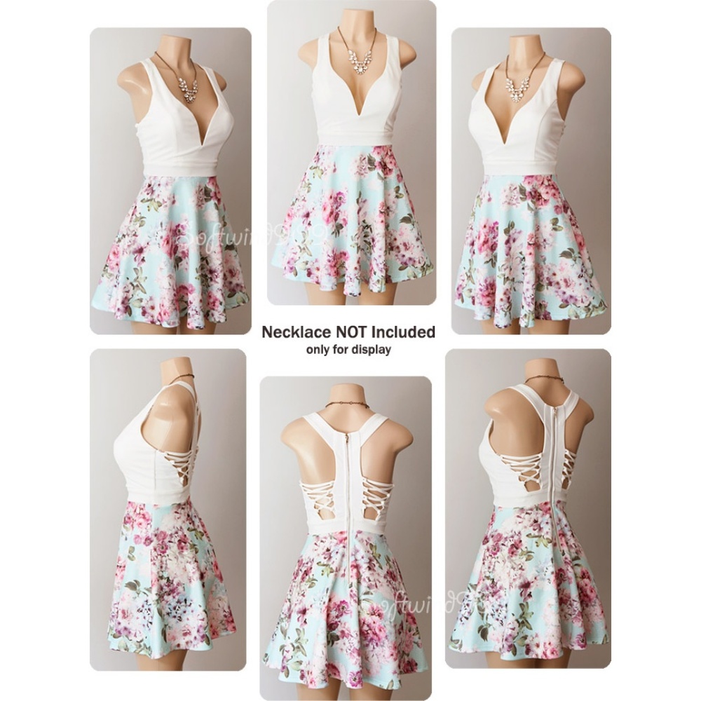 Last☝️ Ivory Blue Floral Plunge Lace Up CUTE Dress - Picture 4 of 8